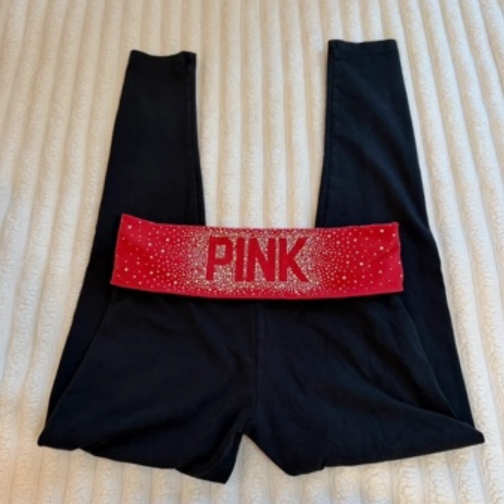 PINK Victoria's Secret Women's Black Leggings with Red Logo Waistband